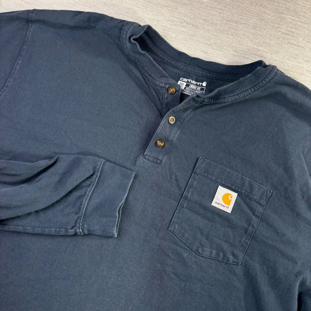 Carhartt Mens 3XL Tall Navy Blue Loose Fit Long Sleeve Henley Pocket T-Shirt